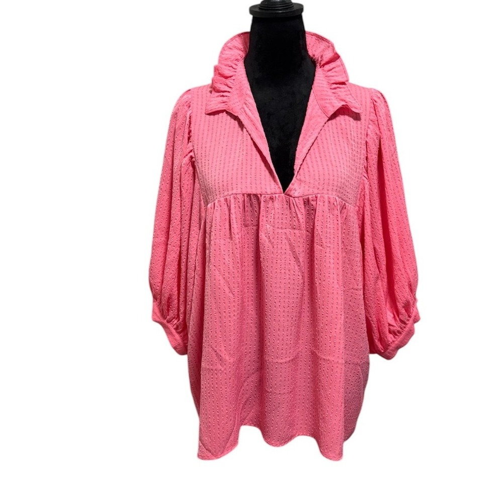 Jade Melody Tam Babydoll Tunic Women L Pink Ruffle Neck Balloon Sleeve